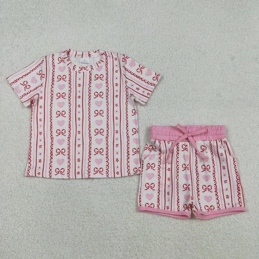 12.13 GSSO2738 Baby Girls Pink Bows Hearts Stripe Top Pockets Shorts Valentines Clothes Set