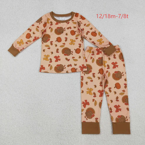 10.14 GLP2883 Baby Girls Bows Turkey Pumpkins Top Pant Thanksgiving Pajamas Set