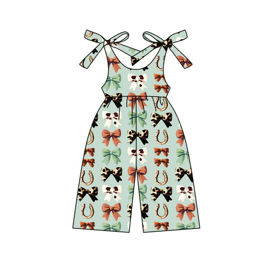 6.14 SR3119 Baby Girls Green Strap Bows Horse Shoes Pant Jumpsuits Preorder