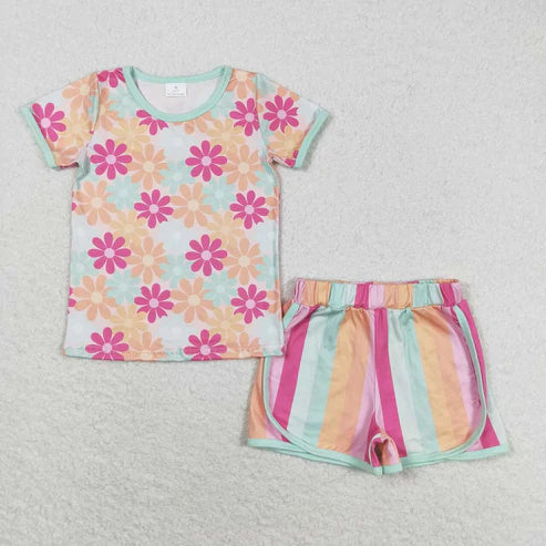 5.15 Sibling Baby Girls Flowers Plaid Tee Shirts Shorts Summer Clothes Sets