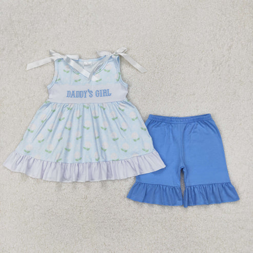 3.29 GSSO2152 Baby Girls Blue Bows Daddy's Girl Tunic Ruffle Shorts Clothes Set