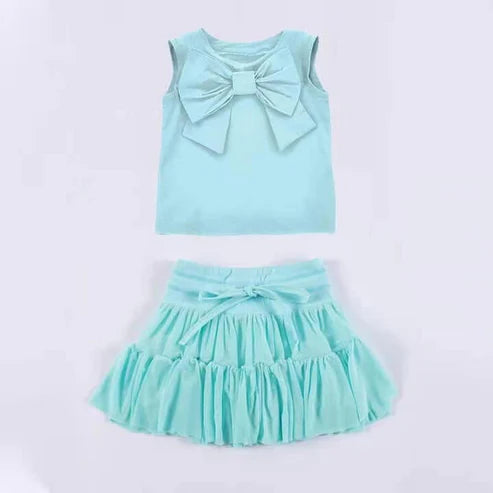3.20 GSD2194 Baby Girls Aqua Sleeveless Bow Top Vest Patchwork Skirt Clothes Set Preorder