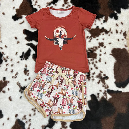 3.14 GT0106+SS0085 Baby Girls Western Cow Skull Shirt Boots Shorts Outfits Set