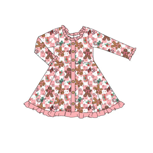 5.30 GLD0923 Baby Girls Christmas Gingerbread Checkered Buttons Knee Length Dresses Preorder
