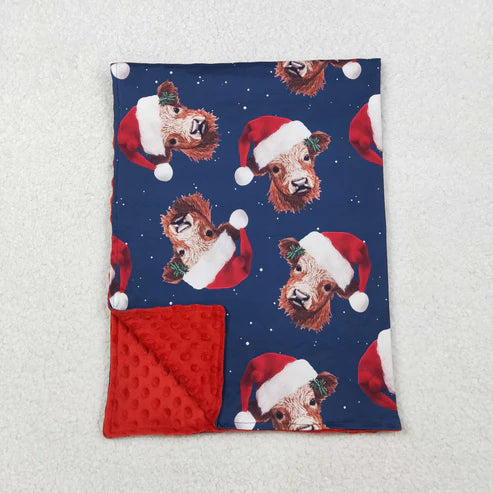 10.16 BL0088 Baby Kids Christmas Western Highland Cow Hats Minky Blanket
