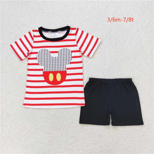 BSSO0801 Boy cartoon mouse red striped short-sleeved black shorts suit