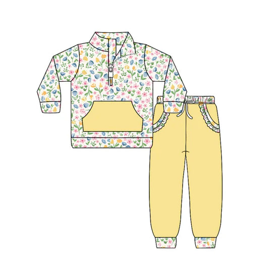 12.11 MOQ:5pcs GLP3280 pre-order toddler girl clothes yellow floral print girl winter set