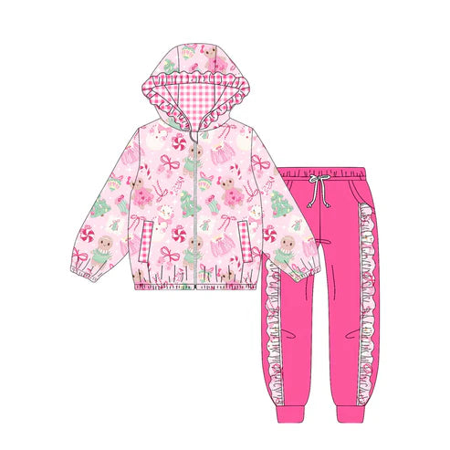 9.9 Custom Moq 5 Baby Girls Pink Snowmen Trees Pockets Zipper Hoodie Jackets Jogger Christmas Clothes Sets