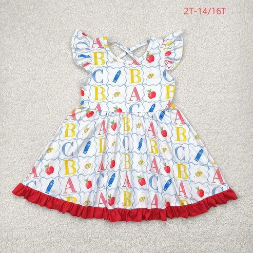 4.29 GSD2258 Baby Girls Flutter Sleeves ABC Pencil Apple Grid Knee Length Dress