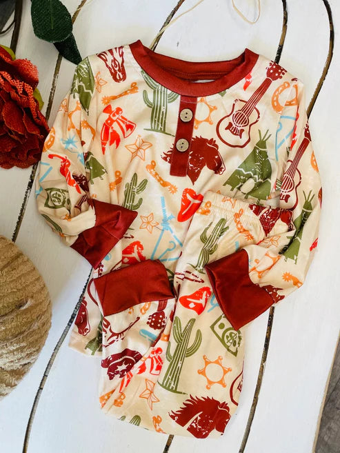 5.23 BLP0924 Baby Boys Western Rodeo Horse Tops Pants Pajamas Clothes Sets Preorder