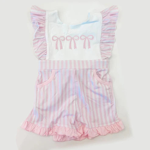 4.9 SR3025 Baby Girls Flutter Sleeves Pink Bows Pockets Jumpsuits Preorder