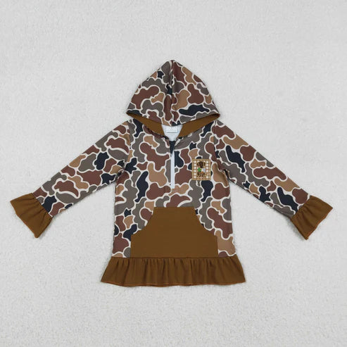 12.8 GT1132 Baby Girls Brown Camo Long Sleeves Dog Pocket Zipper Western Hoodies