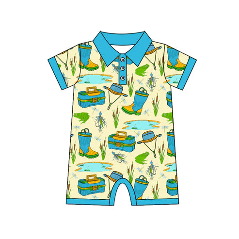 4.19  SR3065 Baby Boys Blue Short Sleeves Button Fishing Rompers Preorder
