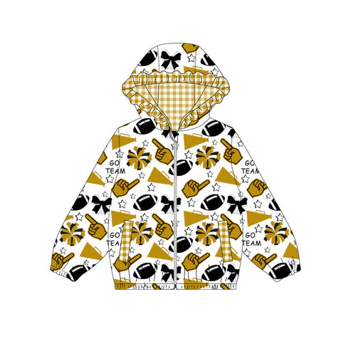 10.14   Custom Moq 8 Baby Girls Glod Black Football Team Zipper Bows Hoodies Tops