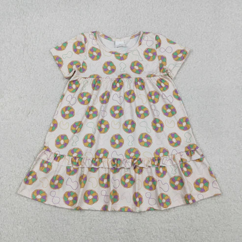 11.8 GSD2838 Baby Girls Mardigras Donuts Plaid Ruffle Knee Length Dress