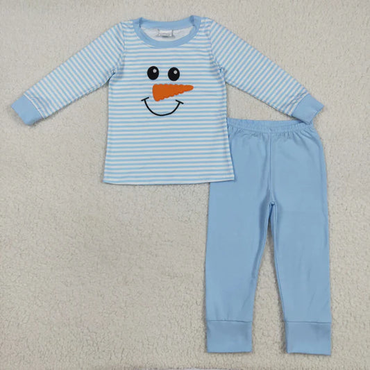 8.2 BLP1150 Embroidery Baby Boys Light Blue Stripe Long Sleeves Snowman Top Pant Pajamas Set