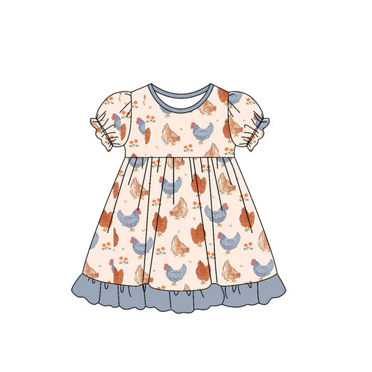 6.18 GSD2543 Baby Girls Short Ruffle Sleeves Flowers Chicks Knee Length Dress Preorder