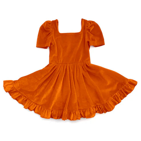7.29  GSD2765 Baby Girls Orange Short Sleeves Velvet Ruffle Knee Length Dresses Preorder