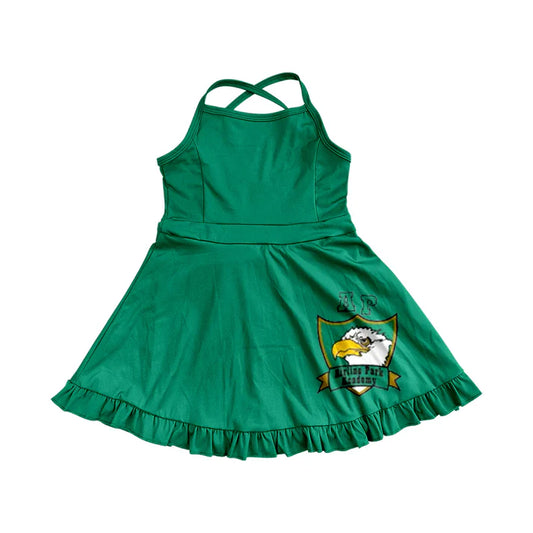 7.9 Custom Moq 3 Baby Girls Green Straps Airline Park Ruffle Shorts Team Knee Length Dresses