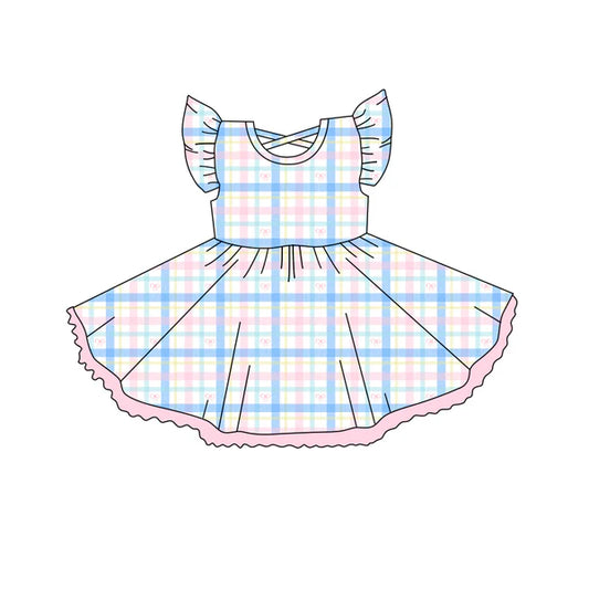 3.27 GSD2252 Baby Girls Flutter Sleeves Blue Pink Plaid Knee Length Dress