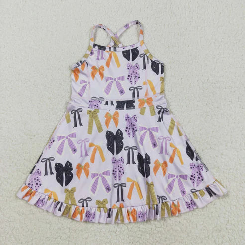 8.12 GSD2737 Baby Girls Lavender Strap Bows Plaid Shorts Yoga Knee Length Dress