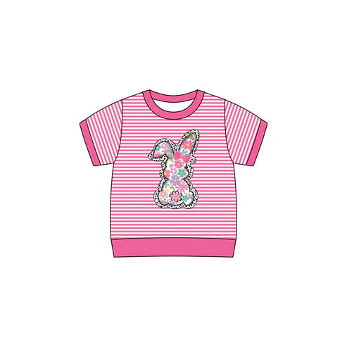 9.30 GT1259 Baby Girls Pink Stripe Short Sleeve Flowers Rabbit Easter Tee Shirts Top Preorder