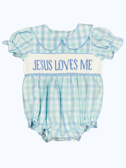 3.23 SR2942 Baby Infant Girls Short Ruffle Sleeves JESUS LOVES ME Blue Plaid Ruffle Rompers Preorder