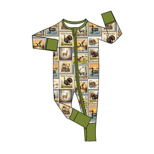 8.23 LR2583 Baby Boys Ducks Deer Turkey Plaid Hunting Zipper Footie Rompers Preorder