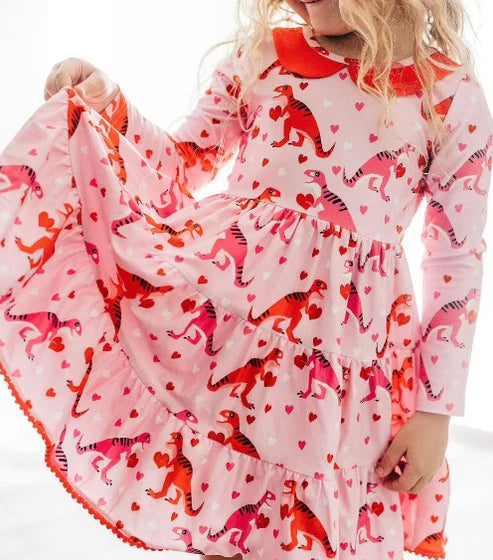 5.23 GLD0871 Baby Girls Valentines Hearts Dinosaurs Knee Length Dresses Preorder