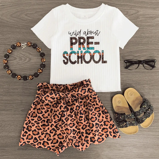 6.12  GSSO2655 Baby Girls Short Sleeves Pre-school Top Leopard Short Sets Preorder