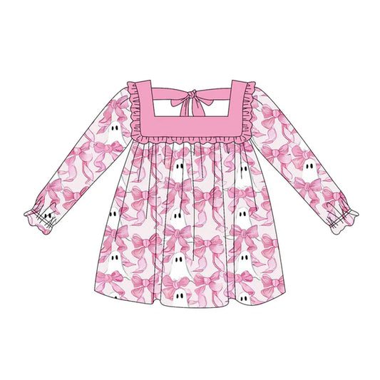 5.19 GLD1059 Baby Girls Long Ruffle Sleeves Pink Bows Ghosts Knee Length Dresses
