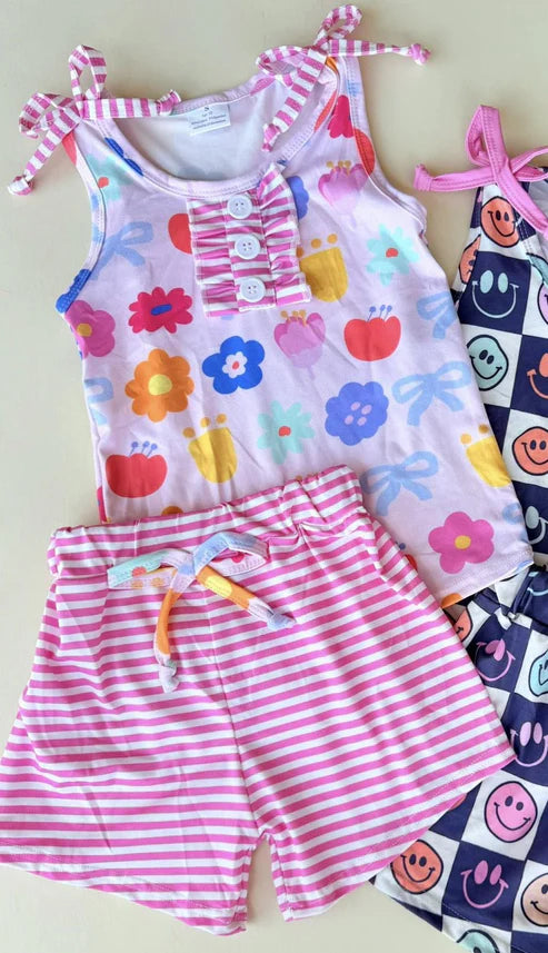 11.6 Baby Girls Colorful Flowers Button Top Stripe Shorts Clothes Sets Preorder