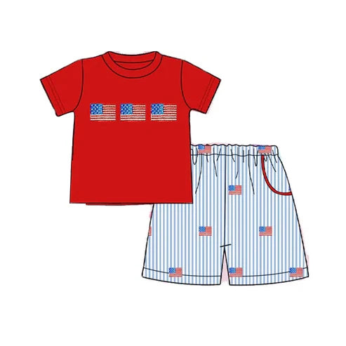 3.20 BSSO1418 Baby Boys Red Short Sleeves Flags Top Blue Stripe Pockets Short 4th Of July Set Preorder