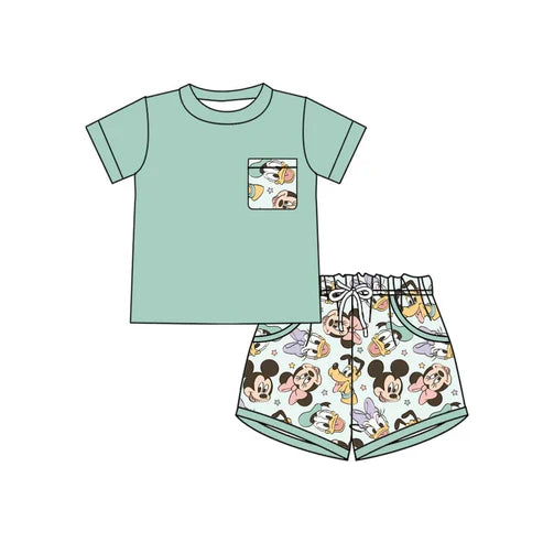 4.30  Custom Baby Boys Aqua Short Sleeves Pocket Top Cartoon Mouse Pockets Short Set (MOQ 3)