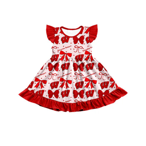 7.2 Custom Moq 3 Baby Girls Flutter Sleeves Wisconsin Bows Team Knee Length Dresses