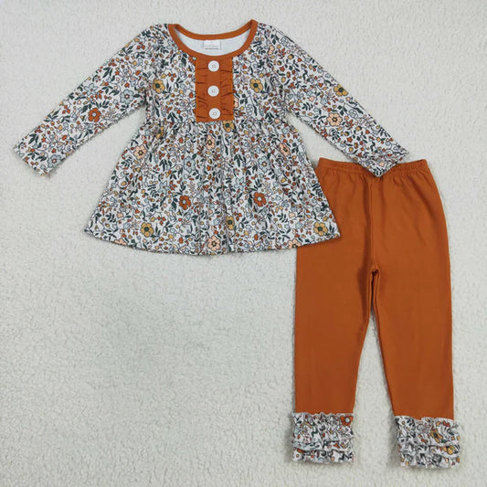 8.15 GLP2404 Baby Girls Long Sleeves Orange Floral Button Tunic Ruffle Pant Set