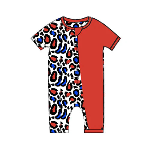 3.19 SR2905 Baby Infant Boys Peach Short Sleeves Colorful Leopard Zipper Rompers Preorder