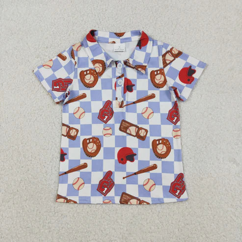12.19 BT1577 Baby Boys Blue Checked Baseballs Team Button Polo Shirts Top