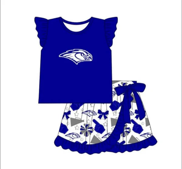 7.9  Custom Moq 3 Baby Girls Short Sleeves Blue bird Top Skorts Team Sets