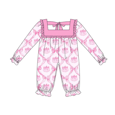 5.19 LR2218 Baby Girls Long Ruffle Sleeves Pink Bows Pumpkins Pant Rompers Preorder