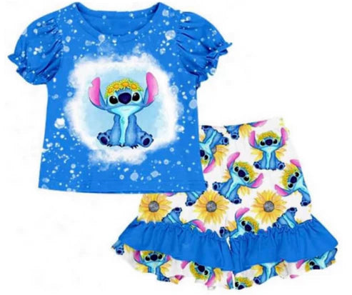 5.14 Girls cartoon blue short-sleeved shorts suit