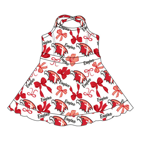 7.31 Custom Moq 5 Baby Girls Red Bows Eagles Short Ruffle Team Knee Length Dresses