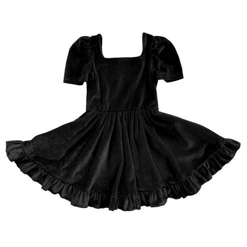 7.29 GSD2766 Baby Girls Black Short Sleeves Velvet Ruffle Knee Length Dresses Preorder