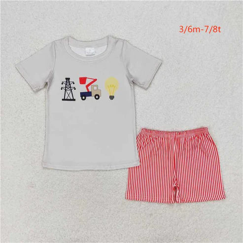 BSSO0632 Grid bulb short-sleeved red striped shorts suit