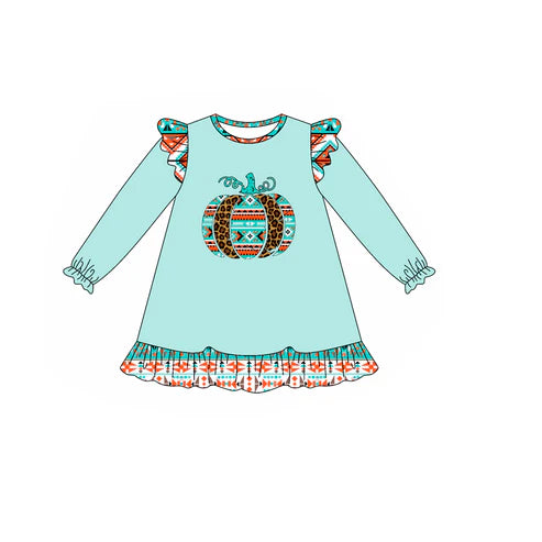 7.29 GLD1216 Baby Girls Light Blue Long Ruffle Sleeves Leopard Pumpkins Knee Length Dresses Preorder