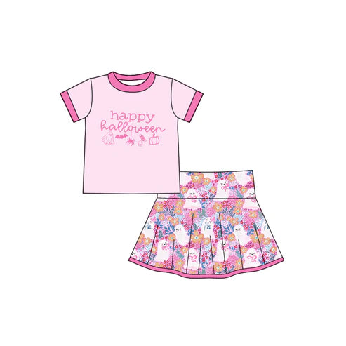 7.28 GSD2773 Baby Girls Pink Short Sleeves Happy Halloween Top Ghosts Plaid Skirts Set Preorder