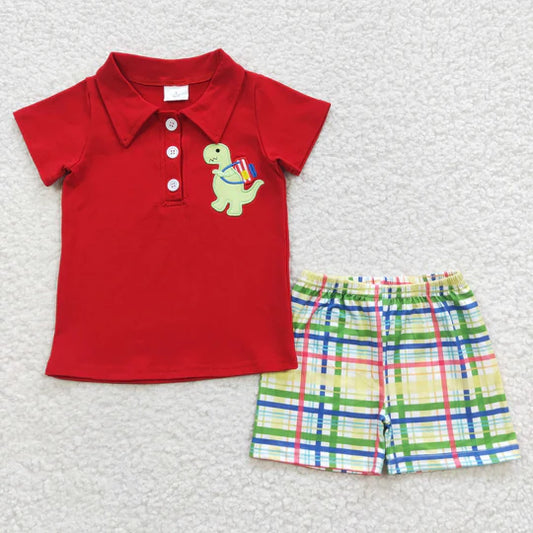 3.10 BSSO0255 toddler girl clothes red embroidery dinosaur back to school boy shorts set