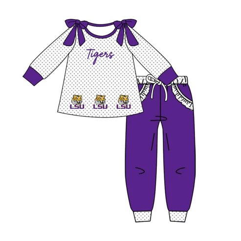 10.15 Custom Moq 8 Baby Girls Bows LSU Tiger Team Long Sleeve Top Pants Clothes Set
