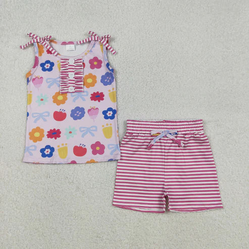 12.8 GSSO2830 Baby Girls Colorful Flowers Button Top Stripe Shorts Clothes Set