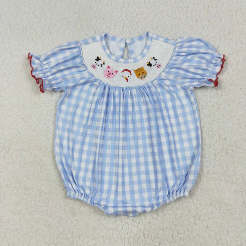 6.27 SR2981 Baby Infant Girls Blue Plaid Short Ruffle Sleeves Cows Pigs Farm Smocked Romper